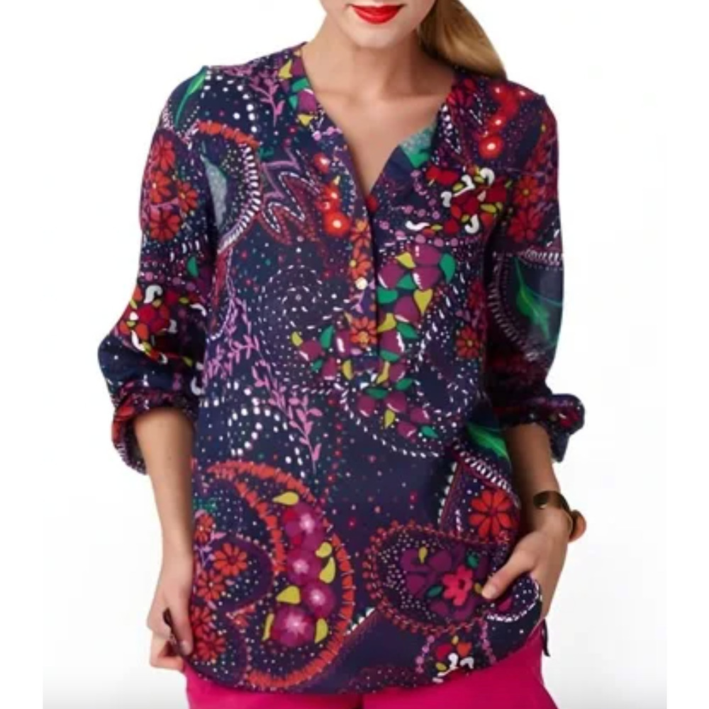 Lilly Pulitzer Garden Menagerie Providence Top Blouse Purple Red Florals, XS
